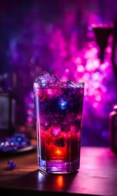 Purple cocktail with ice on a wooden table Selective focus ai generative