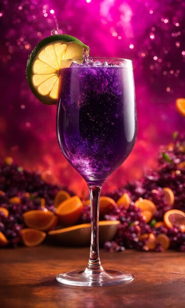 Purple cocktail with ice on a wooden table Selective focus ai generative