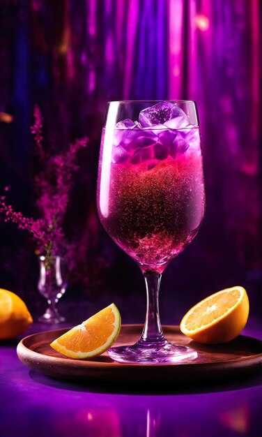 Purple cocktail with ice on a wooden table Selective focus ai generative