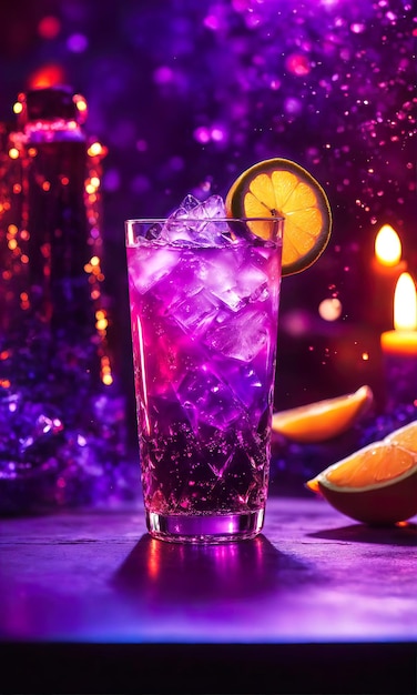 木製のテーブルの上で氷で紫のカクテル 選択的な焦点 アイジェネティブ