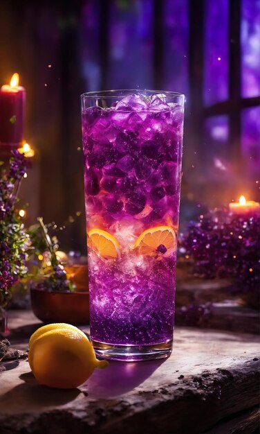 Purple cocktail with ice on a wooden table Selective focus ai generative