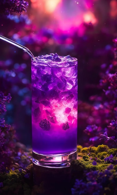 Photo purple cocktail with ice on a wooden table selective focus ai generative