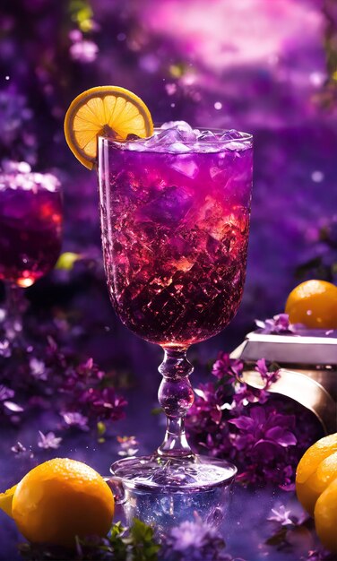 Purple cocktail with ice on a wooden table Selective focus ai generative