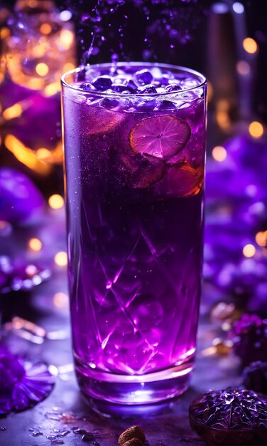 Purple cocktail with ice on a wooden table Selective focus ai generative