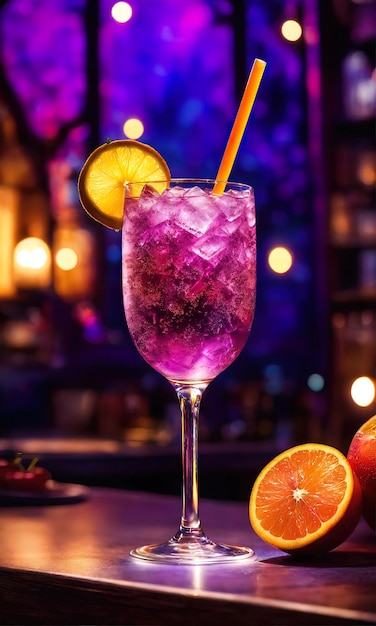 Purple cocktail with ice on a wooden table Selective focus ai generative