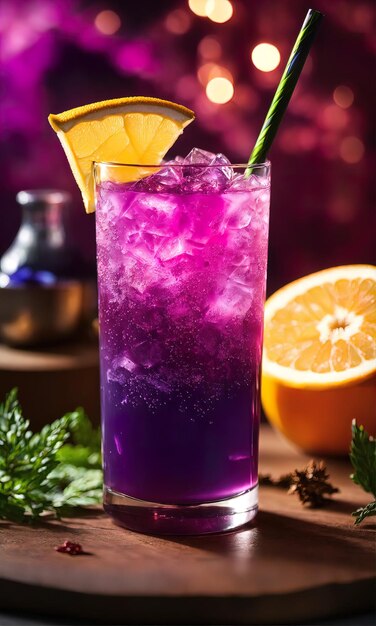 Purple cocktail with ice on a wooden table Selective focus ai generative