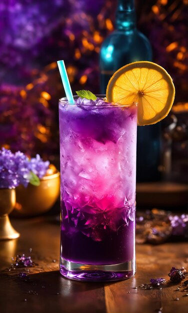 Purple cocktail with ice on a wooden table Selective focus ai generative