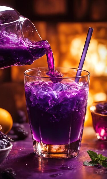 Purple cocktail with ice on a wooden table Selective focus ai generative