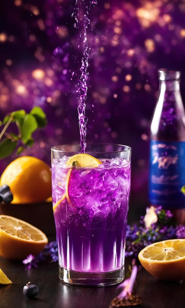 Purple cocktail with ice on a wooden table Selective focus ai generative