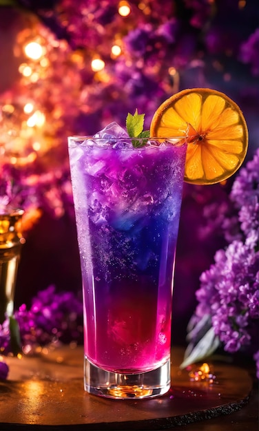 Purple cocktail with ice on a wooden table Selective focus ai generative