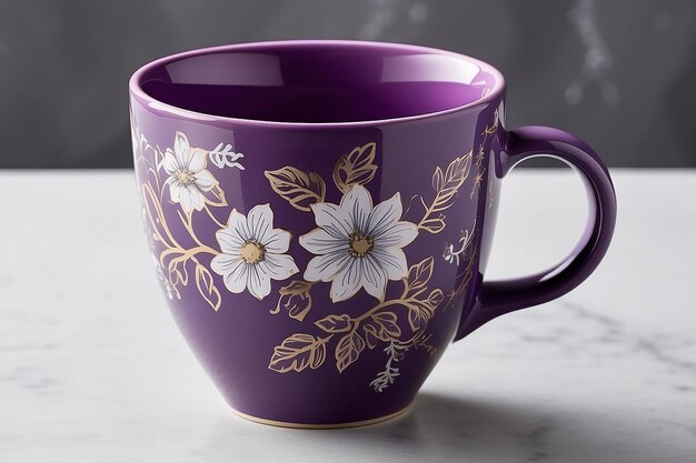 Photo a purple coffee cup with a floral design on the side