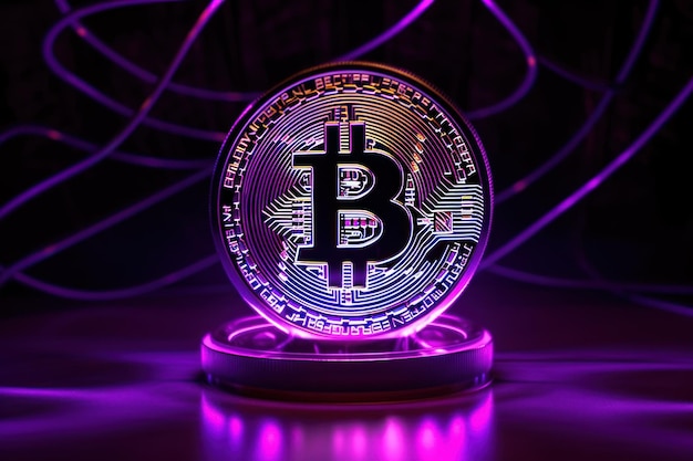 Foto una moneta viola con un simbolo bitcoin