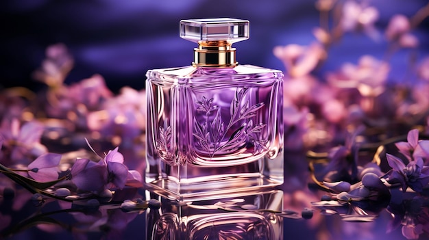 Флакон с парфюме фиолетового цвета на фиолетовом фоне