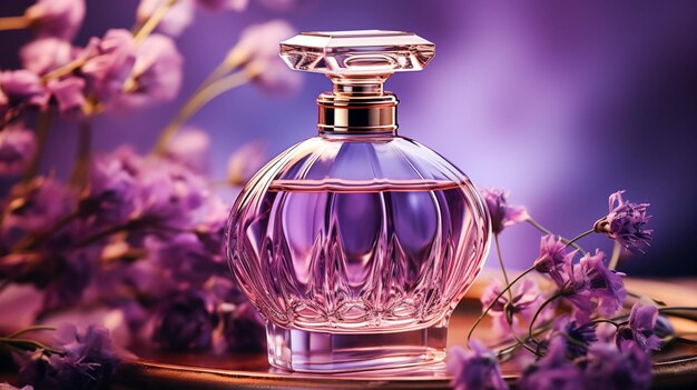 Photo a purple color bottle of perfume on purple background