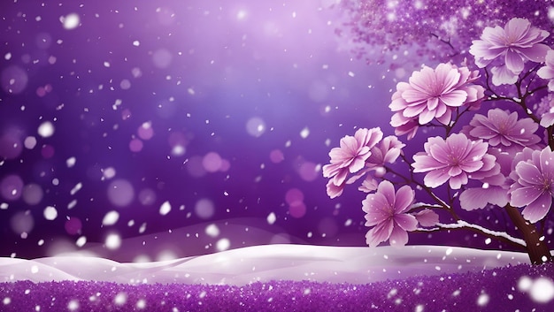 Фиолетовый цветочный дизайн фона с реалистичными снежными блестками, созданными AI