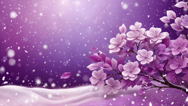 Purple color floral background design with realistic snow glitter wallpaper generated by ai