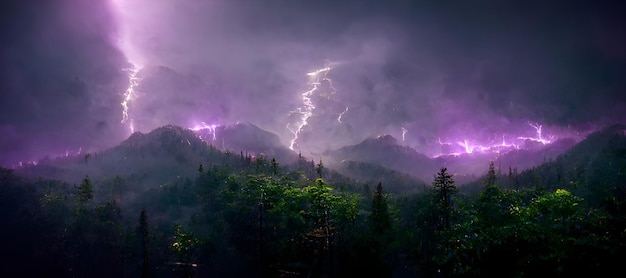 purple color lightning in a forest