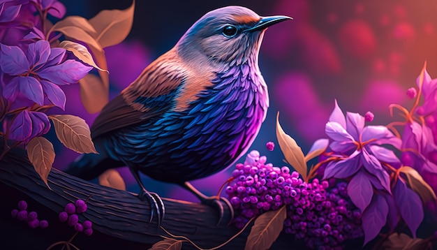 紫色のテーマの鳥の春の自然。生成された人工知能