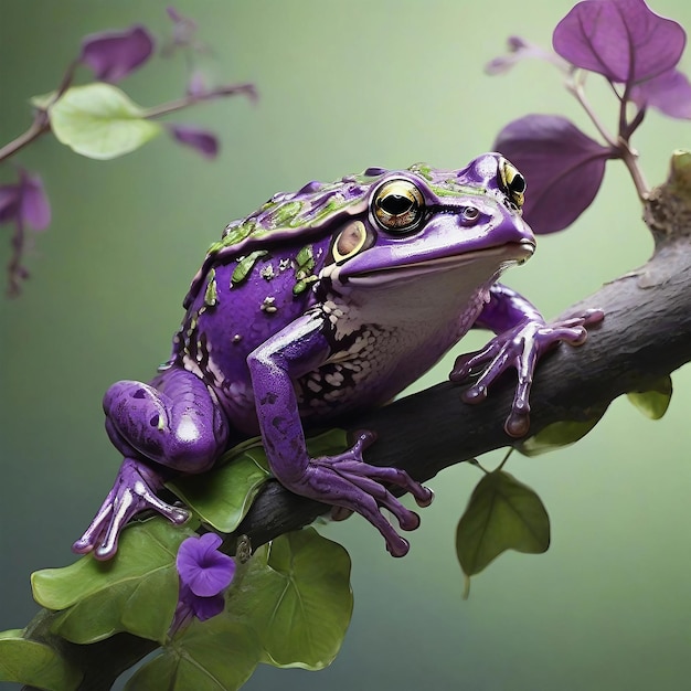 보라색 개구리가 아름다운 자연 인공지능 발전기에 앉아 있습니다.
