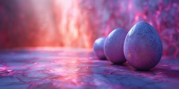 紫色の色の卵が紫色の表面に置かれています ボケ 活気のあるイースター 背景を表示します