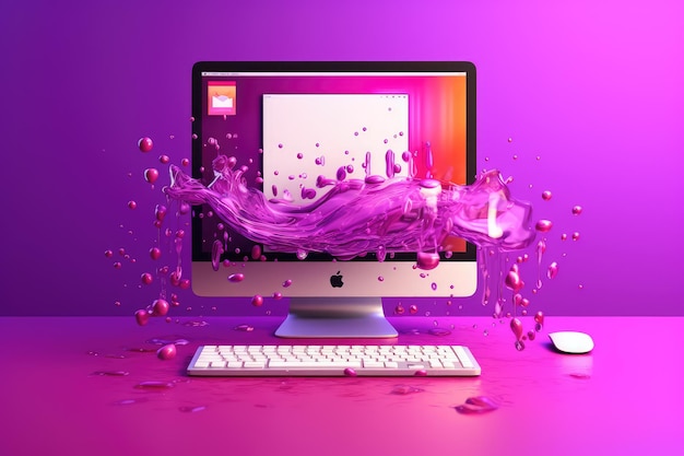 A purple computer screen with a splash of liquid coming out of it.