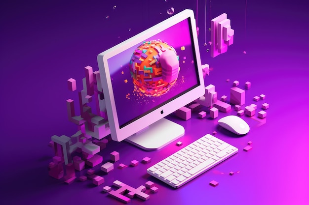 Foto un computer viola con uno sfondo viola e un globo sullo schermo.