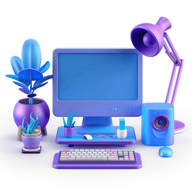 a purple computer with a purple lamp next to it