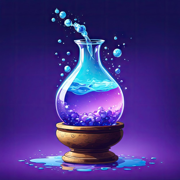 紫色の容器の中に泡があり青い水と書かれています