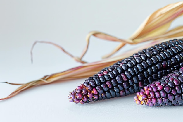 Фото Фиолетовая кукуруза на белом фоне с видом сверху и большим пространством для текста или рекламы продукта генеративный ии