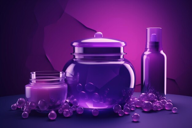 Purple cosmetic product ad template 3d illustration of jar and bottle flying among glass disks and