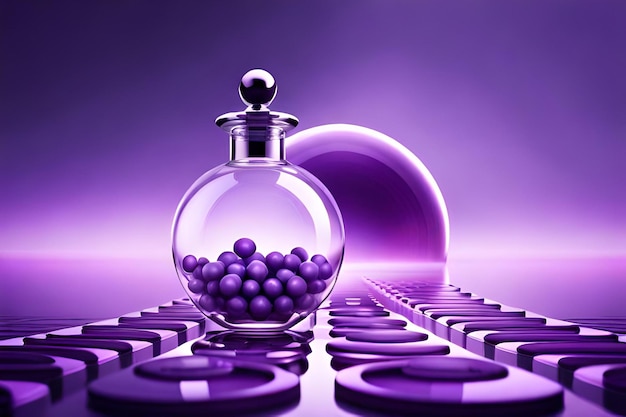 Purple cosmetic product ad template 3d illustration of jar and bottle flying among glass disks and