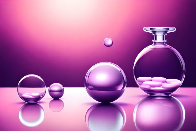 Purple cosmetic product ad template 3d illustration of jar and bottle flying among glass disks and