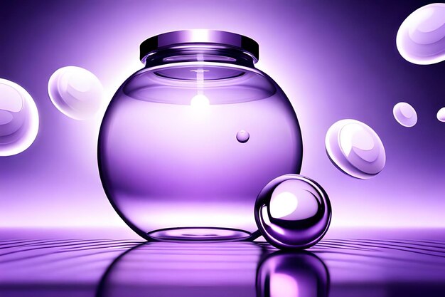 紫色の化粧品の広告テンプレート 3 d イラストレーションの瓶とガラスのディスクの間を飛んでいるボトルと