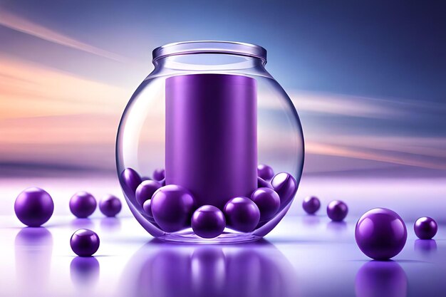 Purple cosmetic product ad template 3d illustration of jar and bottle flying among glass disks and