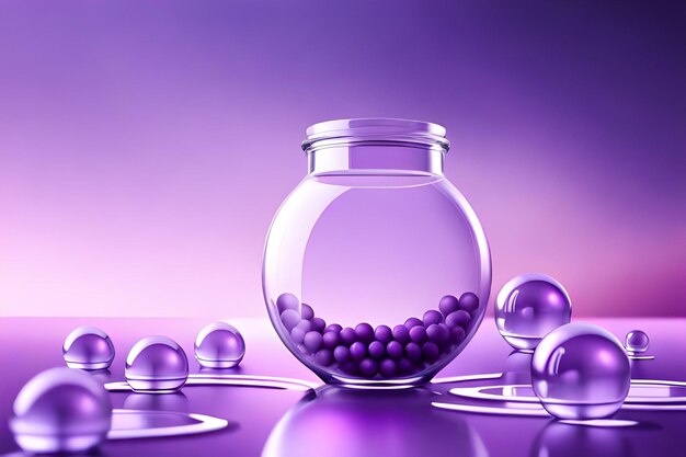 Purple cosmetic product ad template 3d illustration of jar and bottle flying among glass disks and