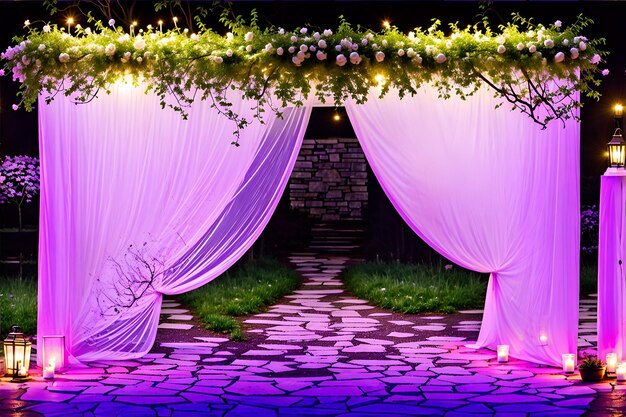 A purple couch under a canopy with white drapes