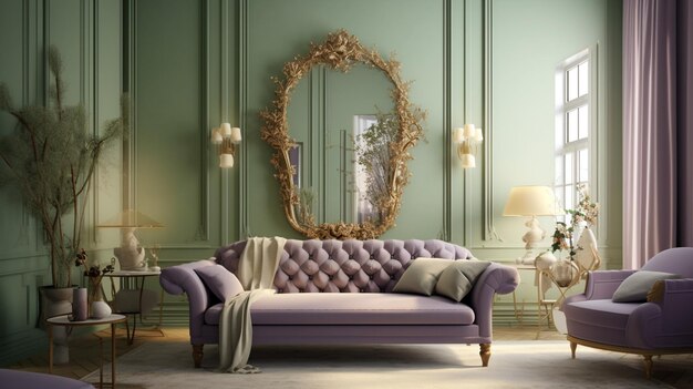 purple couch in a green room with a mirror and a table generative ai