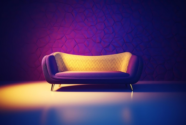 A purple couch in a room with a purple wall and a purple background.