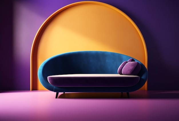 A purple couch in a room with a round purple pillow on the floor.