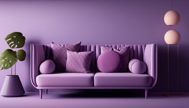 A purple couch with pillows and a pillow on it.