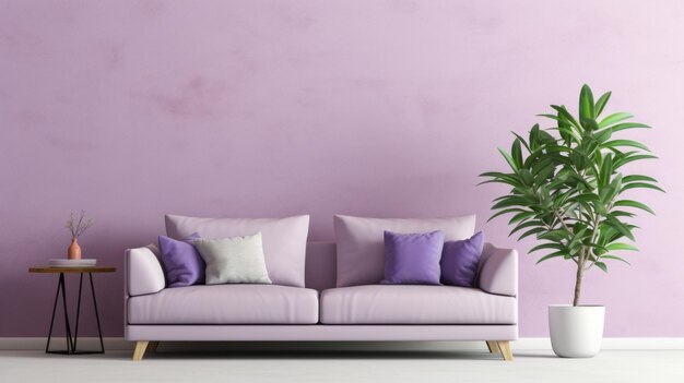 a purple couch with pillows and a plant in front of it