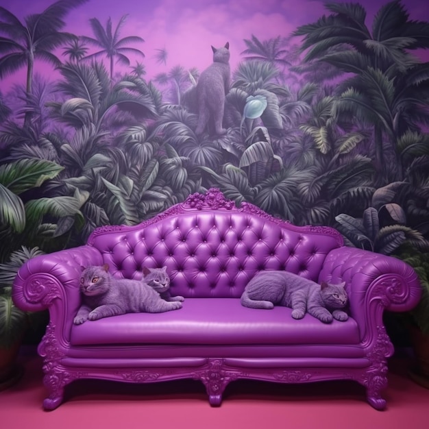ジャングルの壁画生成 AI の前に 2 匹の猫が置かれた紫色のソファ