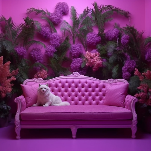 Фиолетовый диван с сидящим на нем белым котом перед стеной с цветами