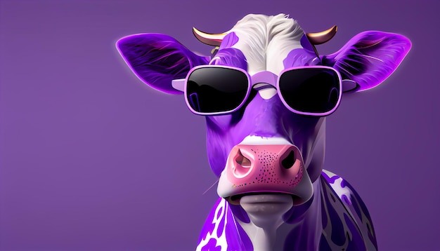 Purple cow wearing sunglasses and a purple background generative ai