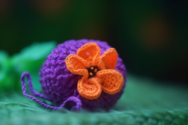 A purple crochet flower with a green background