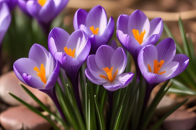 写真 紫 の クロカス の 花 が 晴れた 春 の 日 に 美しい 畑 で く