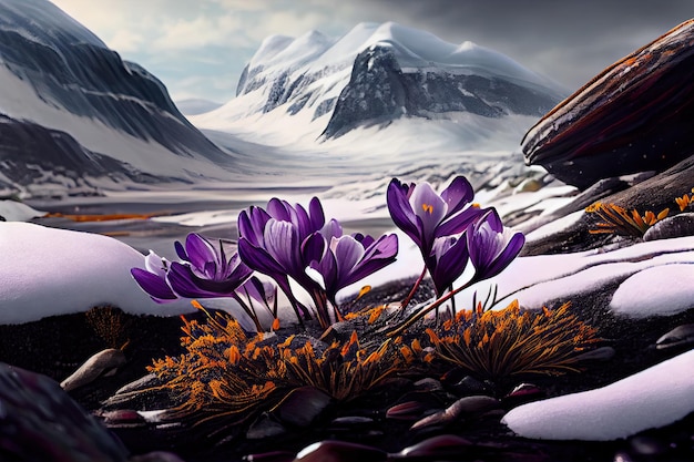 Purple crocus flowers bursting through layer of melting snow mountains on background