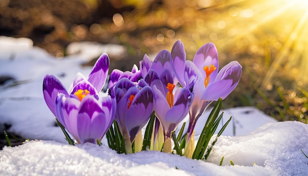 purple crocus flowers in snow awakening in spring to the warm gold rays of sunlight