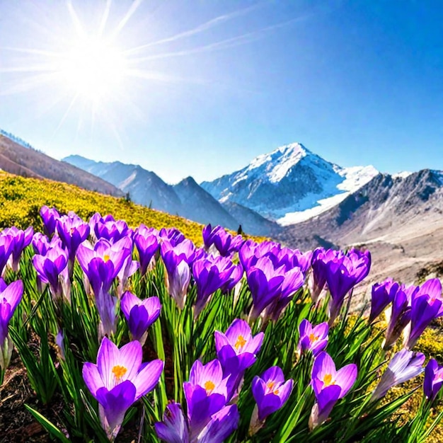 Purple crocus flowers on spring mountain