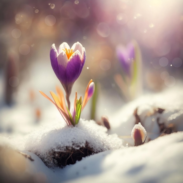 Purple Crocus spring flower growing in snow